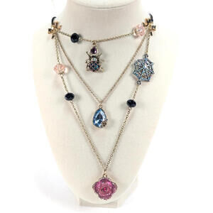 Betsey Johnson Necklace Crystal Spider Web Gold Tone Layered Chain Halloween